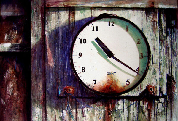 killing time, Shanghai Bienalle Award winner by David Poxon. An old clock at Tettenhall Cricket club. Watercolor painting by David Poxon International Watercolor Master.