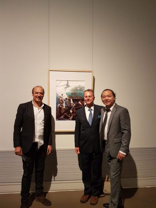 Alvaro Castagnet,Liu Yi, David Poxon at Shanghai Museum China opening of the Honourable Masters exhibition for Xiden Chen.