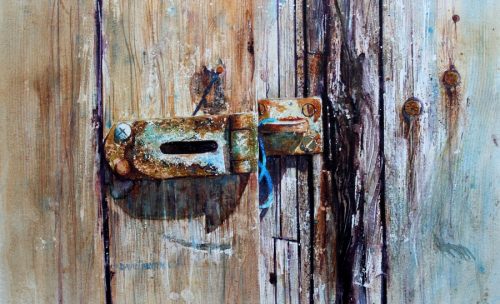 All pain will pass. An old door and padlock showing great texture and age , brilliantly painted by watercolor master artist David Poxon RI.