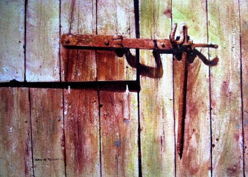 Barn dorrs. Old wood. Watercolor. Painting of old barn doors by David Poxon. Textured wood and rusting ironwork. Hans Zimmer. Private Collection